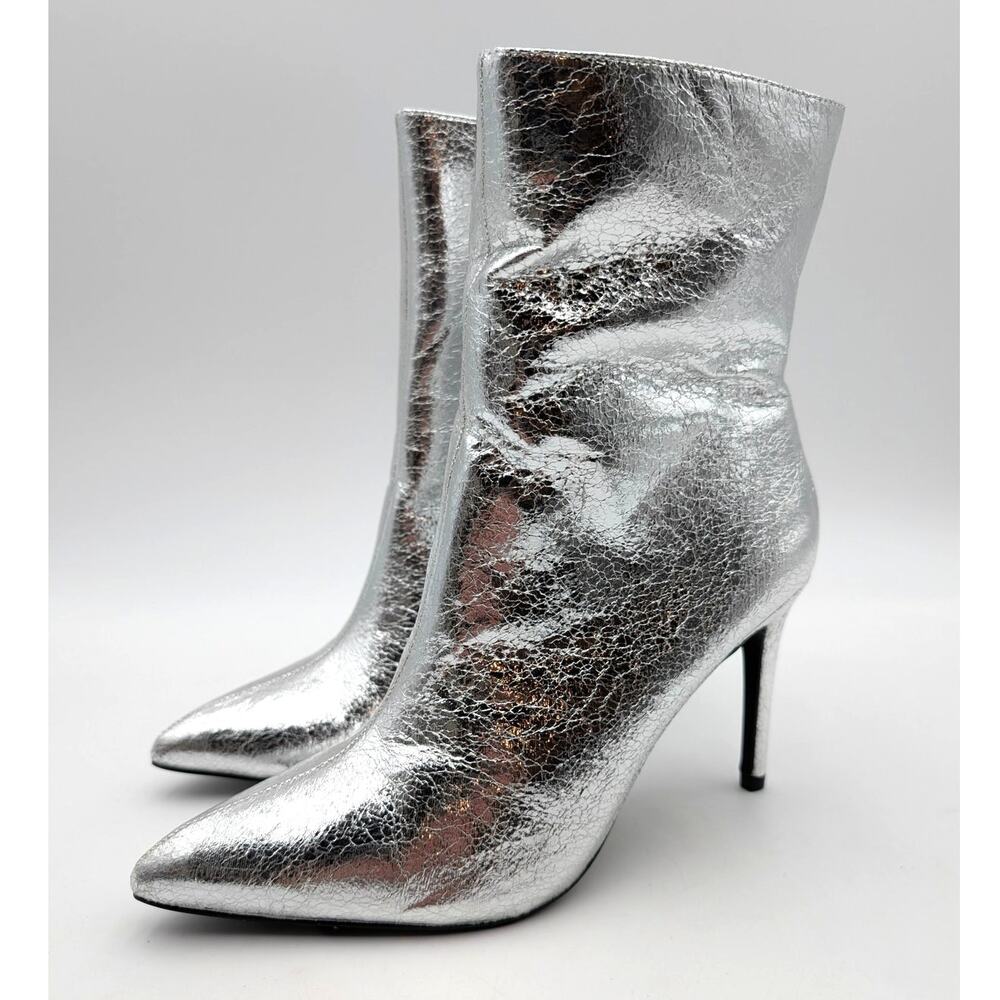 Mia Mardi Stiletto Heel Ankle Bootie Pointed Toe Women's Silver Size US8.5M EU39